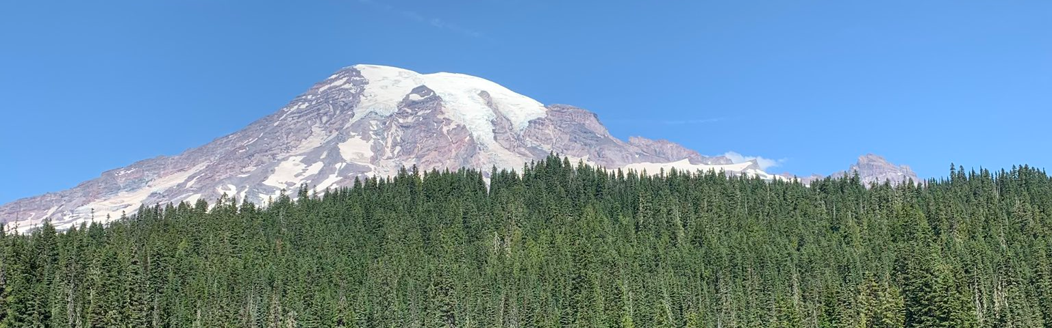 Mountain peeking over a tree line and reflecting on a lake