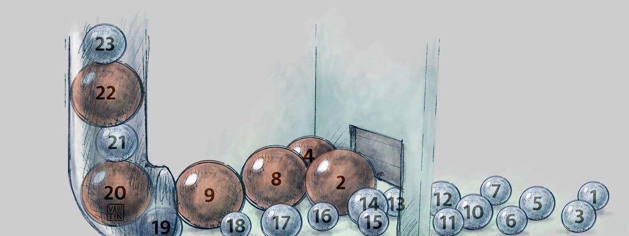 An image of numbered marbles entering a door. Larger marbles cannot pass, while smaller marbles are able to get through. Illustration by Valentin Besson. https://valutin.com/