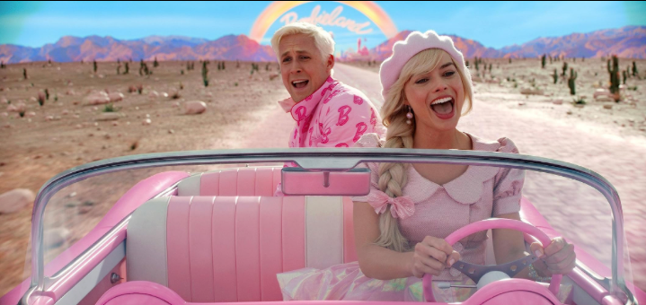 Barbie and Ken in her pink car driving into reality. Barbie, film review, Ken, Oscar, Academy, movie
