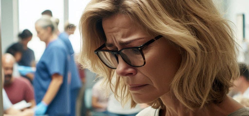 A dirty-blonde haired woman in her 50s is wearing black glasses. She is standing in the waiting area of a vet’s office and has a sad look on her face.