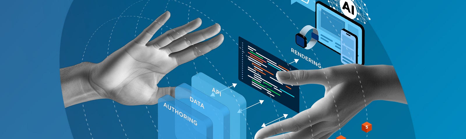 Headless CMS graphic showing two hands and a diagram of authoring, data and API in the middle with touch points at the end