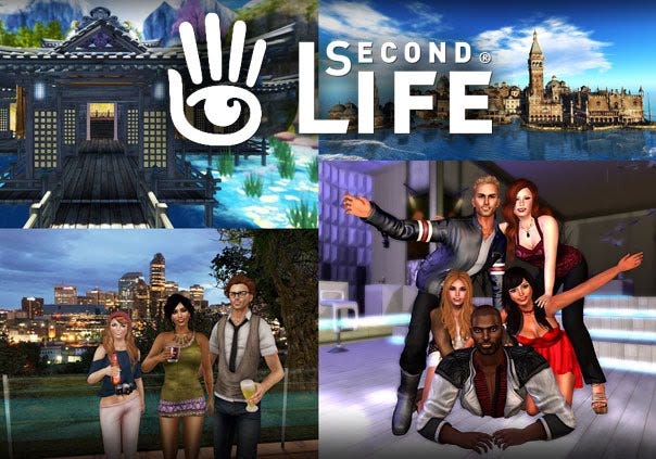 IMAGE: A Second Life logo with several scenes inside the virtual world
