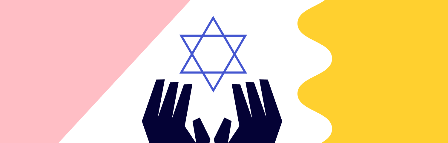 Jew-ish at Miro logo, hands beneath a star of David, are positioned in the center of playful graphic shapes.
