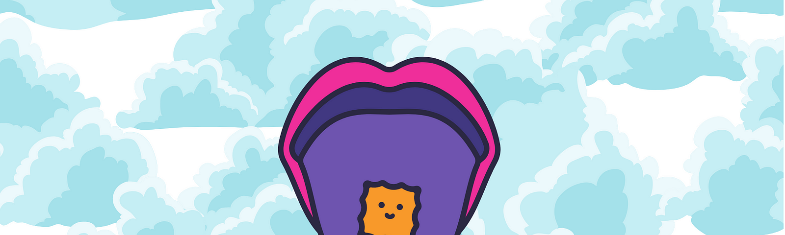 A small yellow carton on a purple tongue and a mouth. The background is sky-blue.