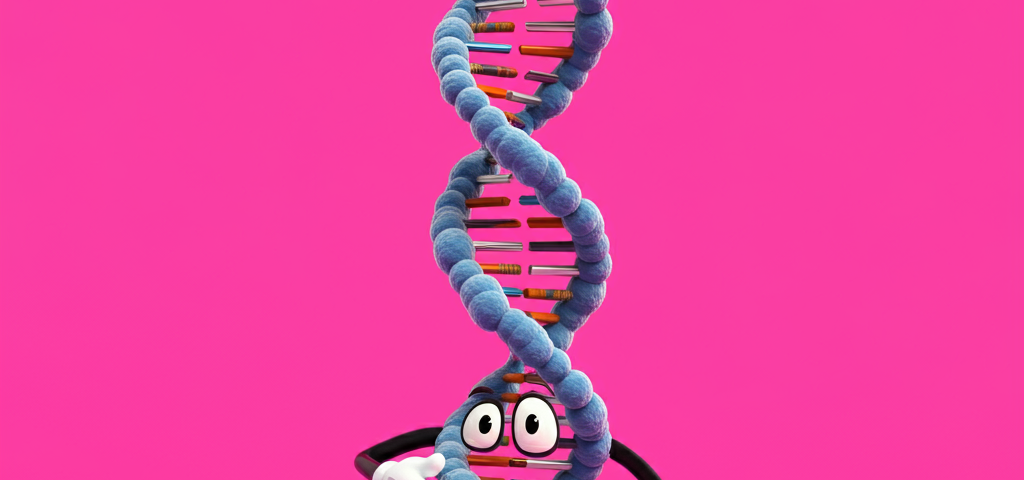 The image shows a cartoonish character with a DNA double helix for a head and upper body, wearing jeans, gloves, and sneakers. The background is a solid bright pink, and the character has a surprised or quirky expression.