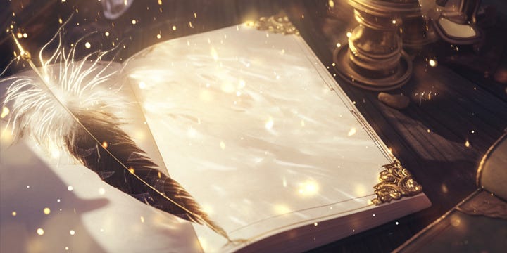 A feather on a blank journal. The edges of the pages are gilded in gold.