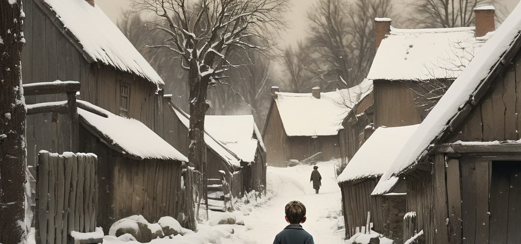 A boy walking through the snow in an old village in the 1800's