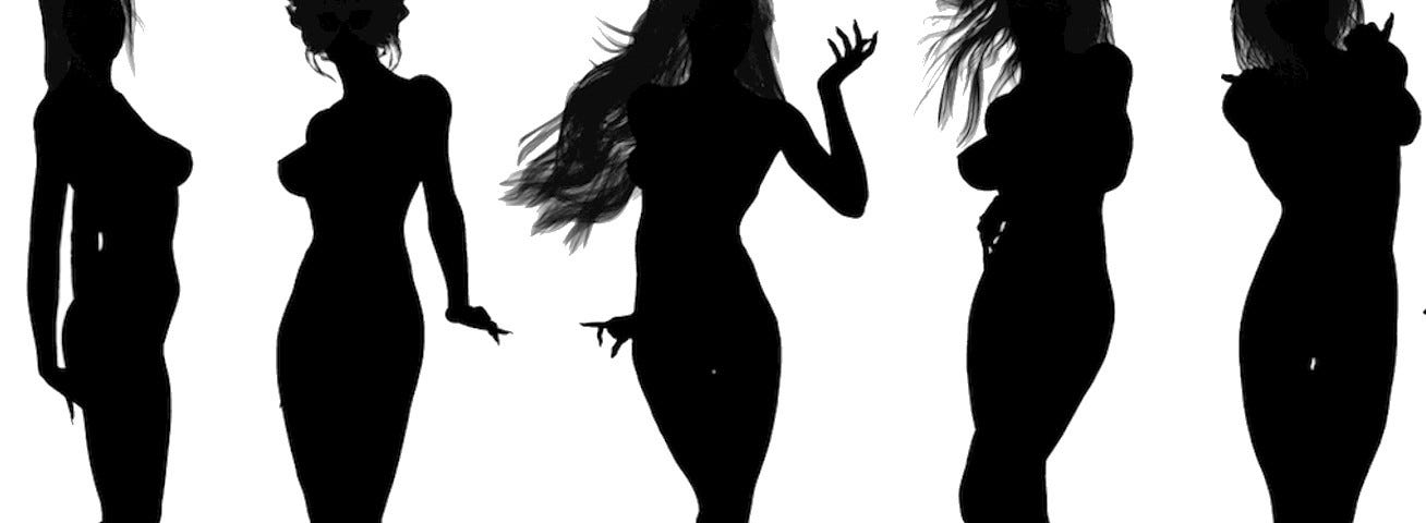 Silhouettes of five naked women