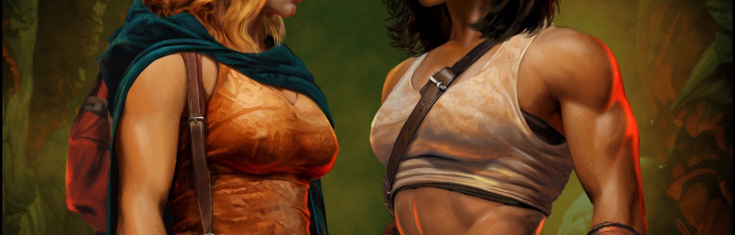 Colorful digital painting of two fantasy women travelers, a blonde with a cloak and pack and a muscular brunette. Background is a hazy cave.