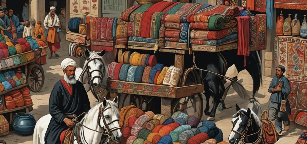 Merchant on a horse with a cart full of goods.