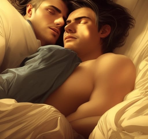 Two men sleeping together in bed