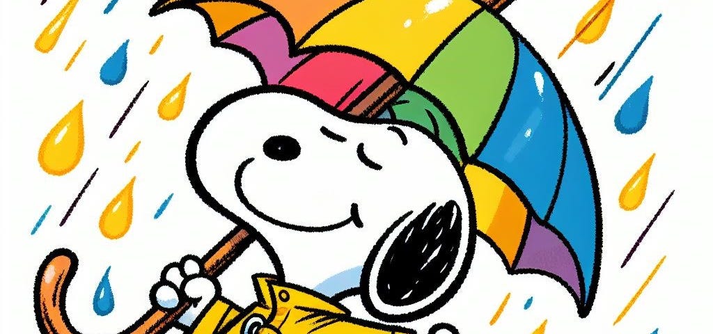 Cartoon character Snoopy holding a multi-colored umbrella, dancing in the rain