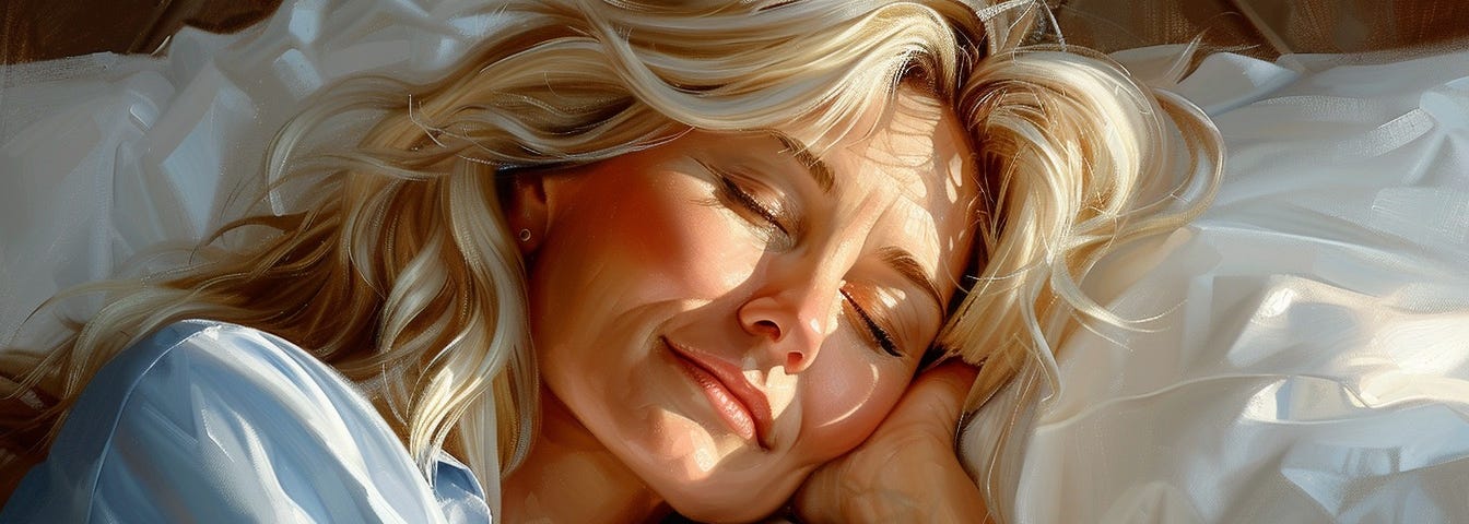 Head and shoulders painting of a blonde middle-aged woman asleep.