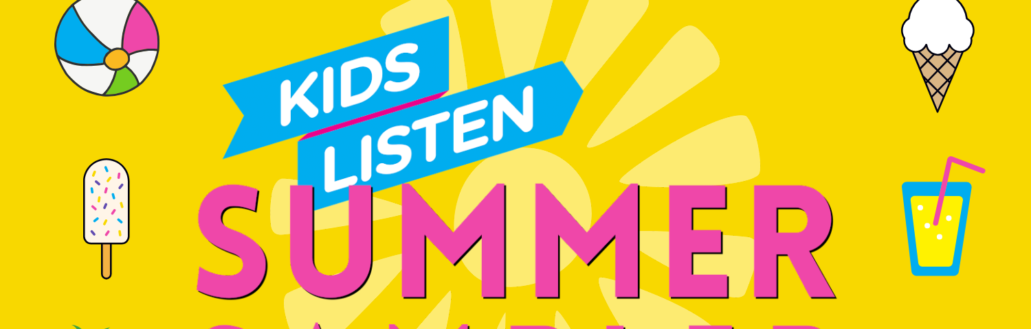 The words “Kids Listen Summer Sampler” are set on a bright yellow background with a lighter yellow graphic of the sun. Summer icons border the title.