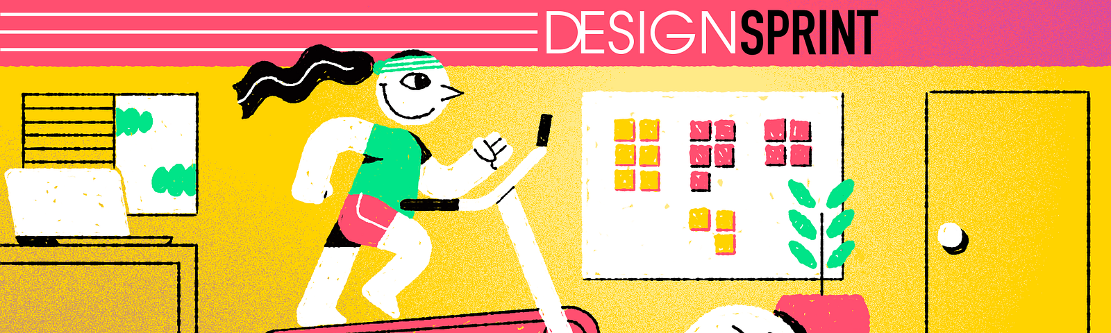 #PraCegoVer: Ilustração colorida com menina com roupa de ginástica correndo em esteira e board com post-its na parede.