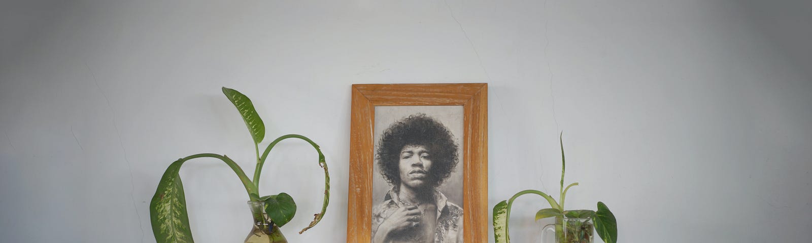 An altar to Jimi Hendrix with a wooden framed photograph and green houseplants on a vintage cabinet.