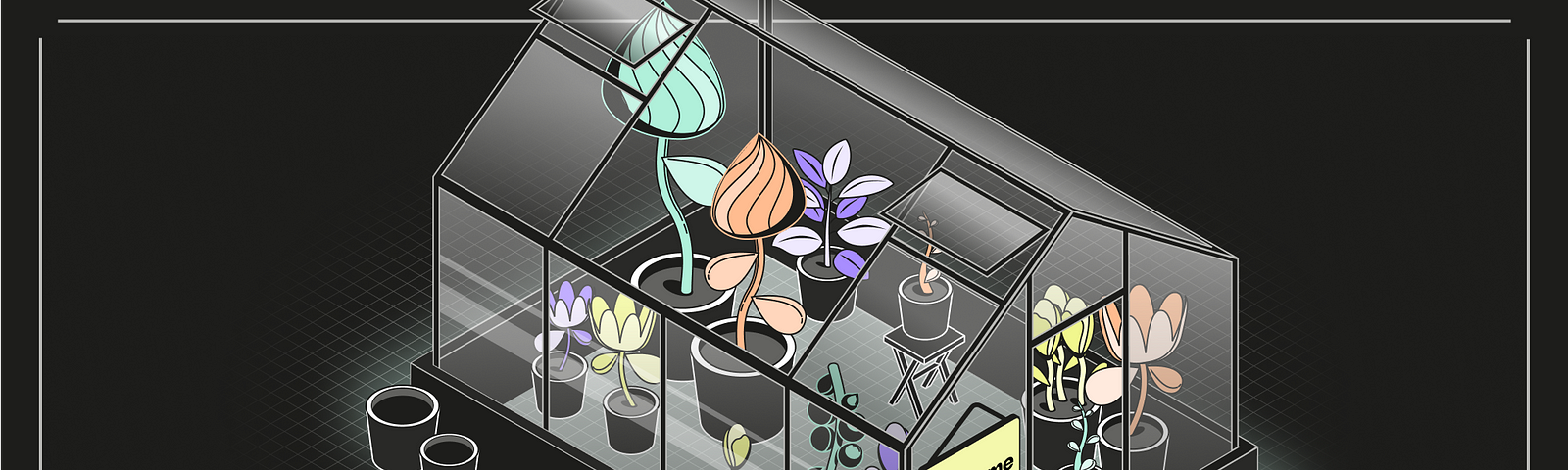 An illustration that reads “Impact at Qonto” and displays a greenhouse holding a collection of plants of varying shapes, sizes, and colors. There are two empty plant pots and a trowel outside the greenhouse, as well as a watering can, and a sign on the door reading: “Welcome”.