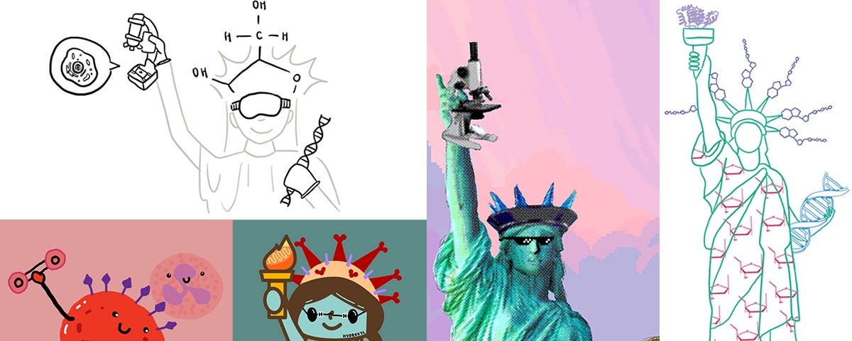 Whimsical illustrations of Lady Liberty depicting various biological concepts