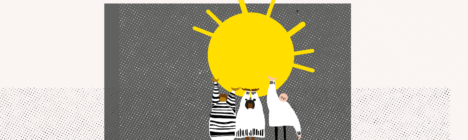 Illustration of three figures holding up a sun on a grey textured background