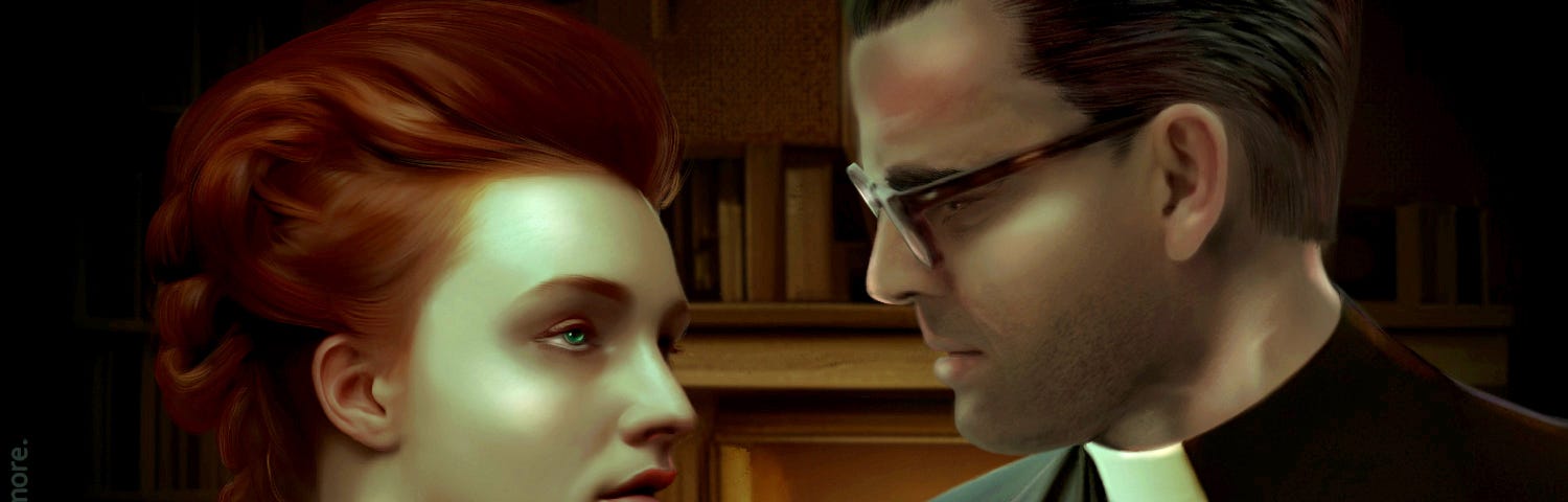 A handsome priest with glasses is looking at a redhead with green eyes. They are standing in a cozy cottage in front of a fireplace.