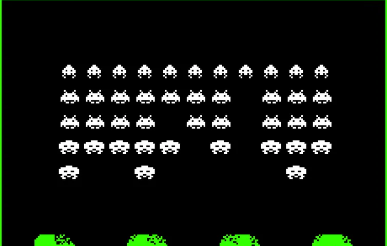 old video game screen with just black, white, and green colors showing a spaceship shooting at aliens