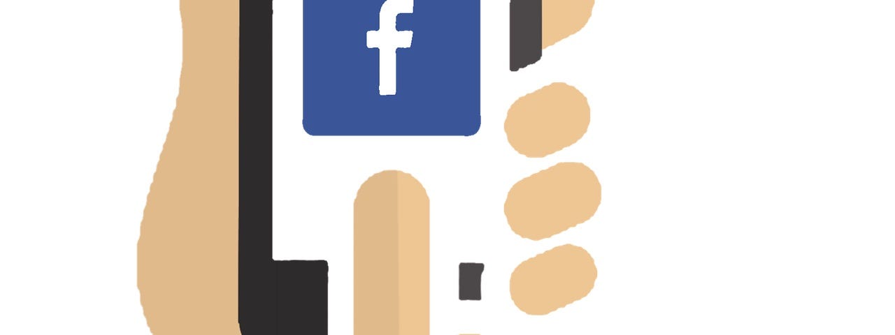 IMAGE: a schematic drawing of a smartphone with the Facebook logo being hold by one hand and with the other hand clicking on its screen
