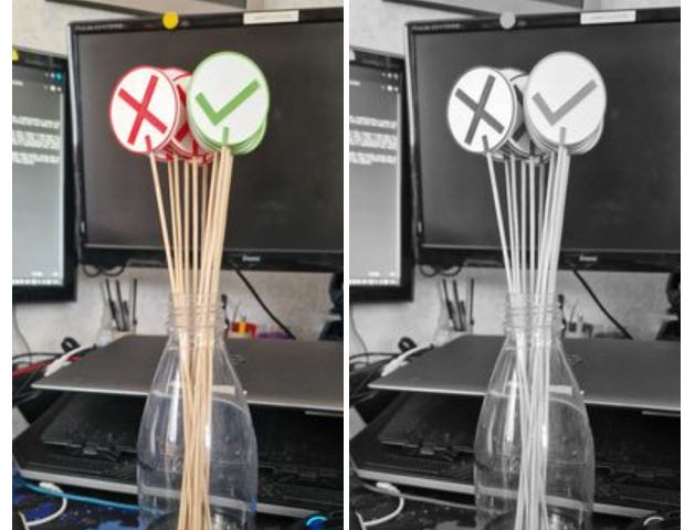 A pair of photos of the finished sticks. The sticks are about 30cm longs and are collected together in a glass bottle. All of the sticks have a white circle at the top, half of them contain a red cross and the other half contain a green tick. The picture on the left shows the sticks in colour and the picture on the right shows them in black and white.