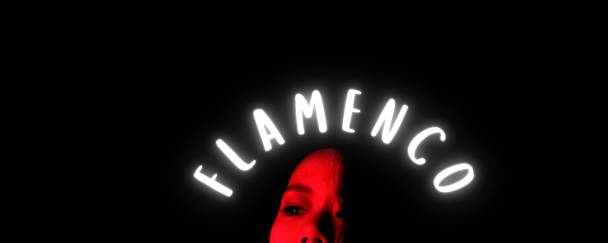 A woman’s face and arms in red light against a black background with the word, flamenco, over her head.