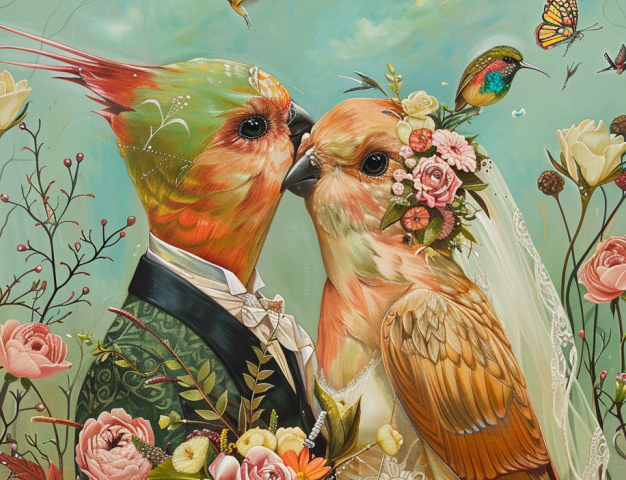A whismical photo of two birds dressed as a bride and groom, pastels and florals with a romantic feel.