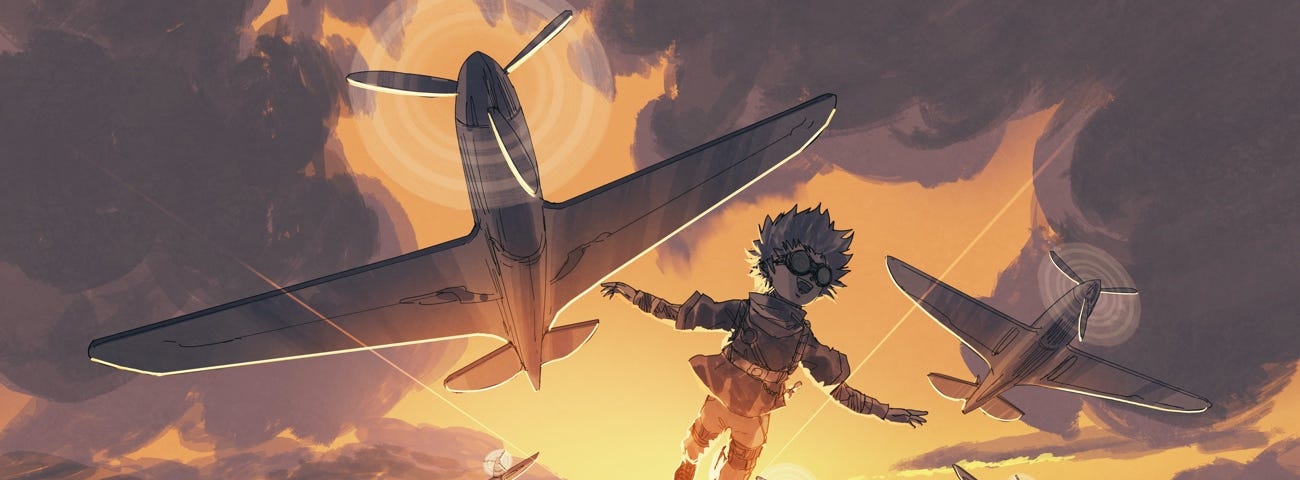 Image: Illustration of a child in goggles flying through an orange sky alongside several airplanes.