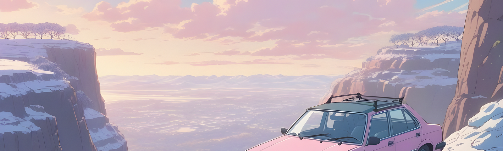 a pink car on a snowy mountain