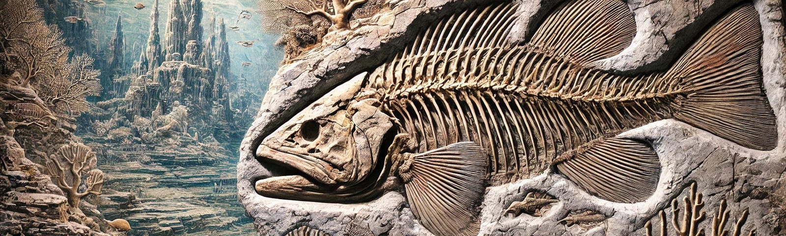 Illustration of an ancient coelacanth fossil embedded in sedimentary rock, set in a naturalistic scene reminiscent of a prehistoric underwater environment. The fossil displays intricate bony features and robust fins. Surrounding the fossil are hints of ancient reef life, including coral formations, shells, and outlines of other marine fossils, providing a glimpse into the ancient ecosystem where this fish once lived