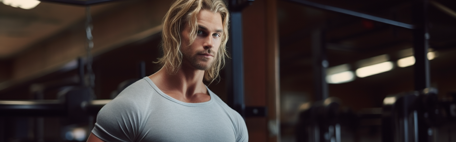 A muscular man with long blonde hair wearing a tight shirt in a gym.
