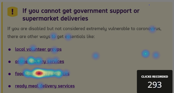 Screenshot of a heatmap. Shows lots of clicks on a link to food box deliveries