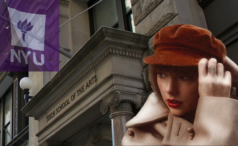 A cutout from Taylor’s updated Red album, A photo of the outside of the Tisch building from their website and a picture of NYU’s Flag