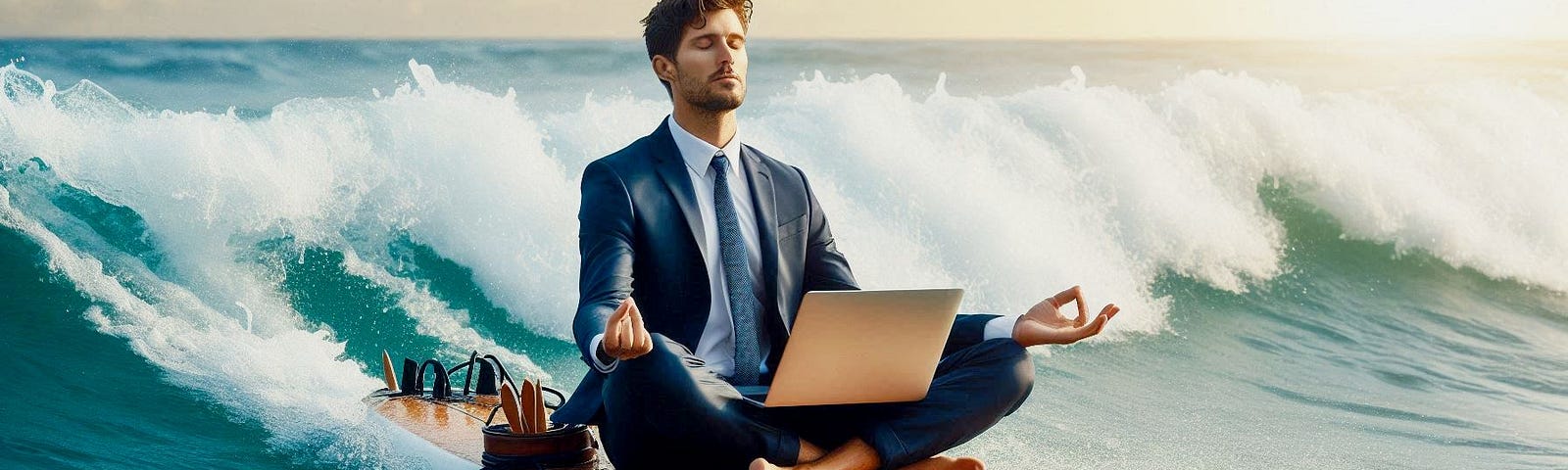 A man in a business suit rides a wave while sitting in meditation posture on a surfboard.