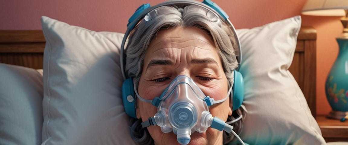 Woman wearing CPAP mask in bed.