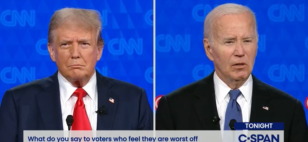 Donald Trump on left glowering while Biden on the right looks like he ate something sour. At the bottom, the chyron reads “What do you say to voters who feel they are worst [sic] off now than during the Trump administration?”