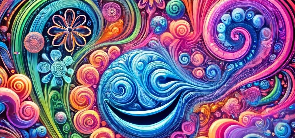 A psychedelic image of a smiling face at the center and random shapes around it