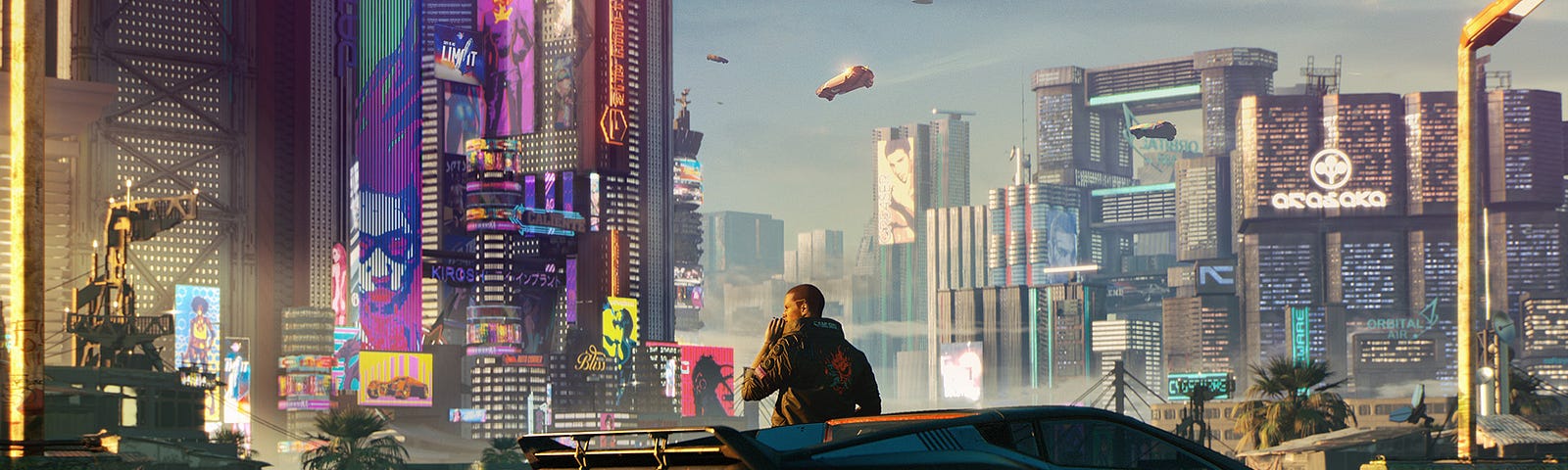 Cityscape of Cyberpunk’s Night City. Main character leans on car while planes fly overhead.