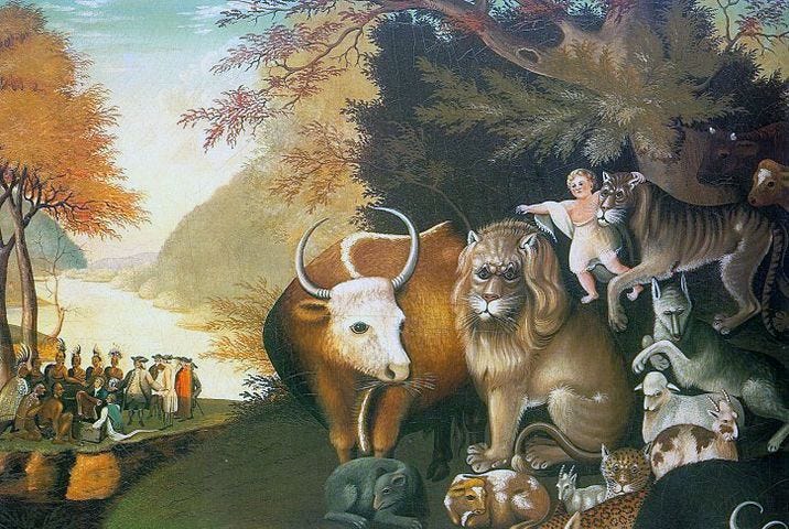 A Hicks portait of the wild animals and children living together in peace