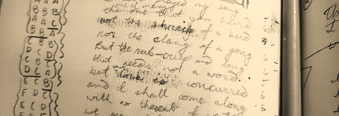 Handwritten notes by the author and a first draft of the poem.