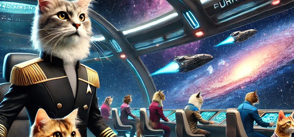 AI image of cats in suits inside a space ship.