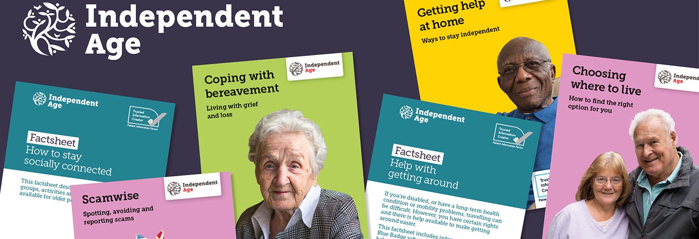 A montage of Independent Age advice guides and factsheets.