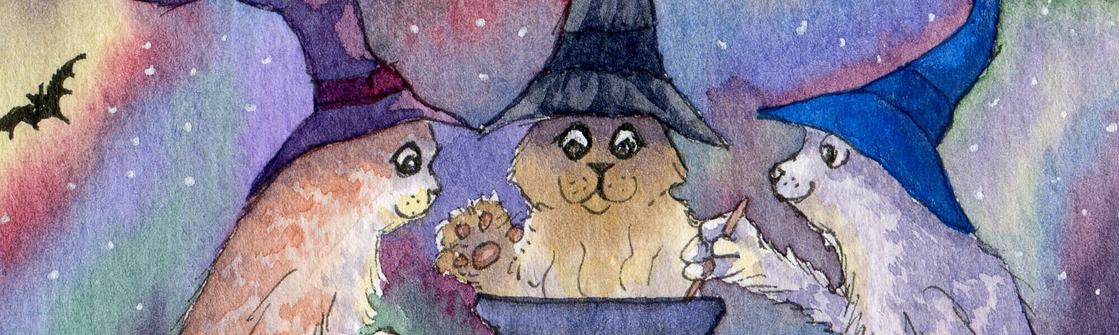 Three witch cats sit around a cauldron