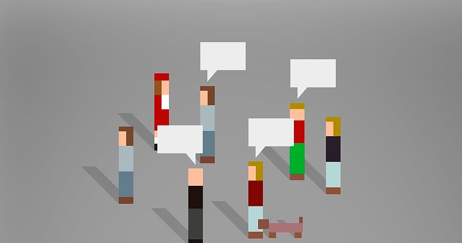 Pixellated graphic of a group of people standing beneath empty speech bubbles