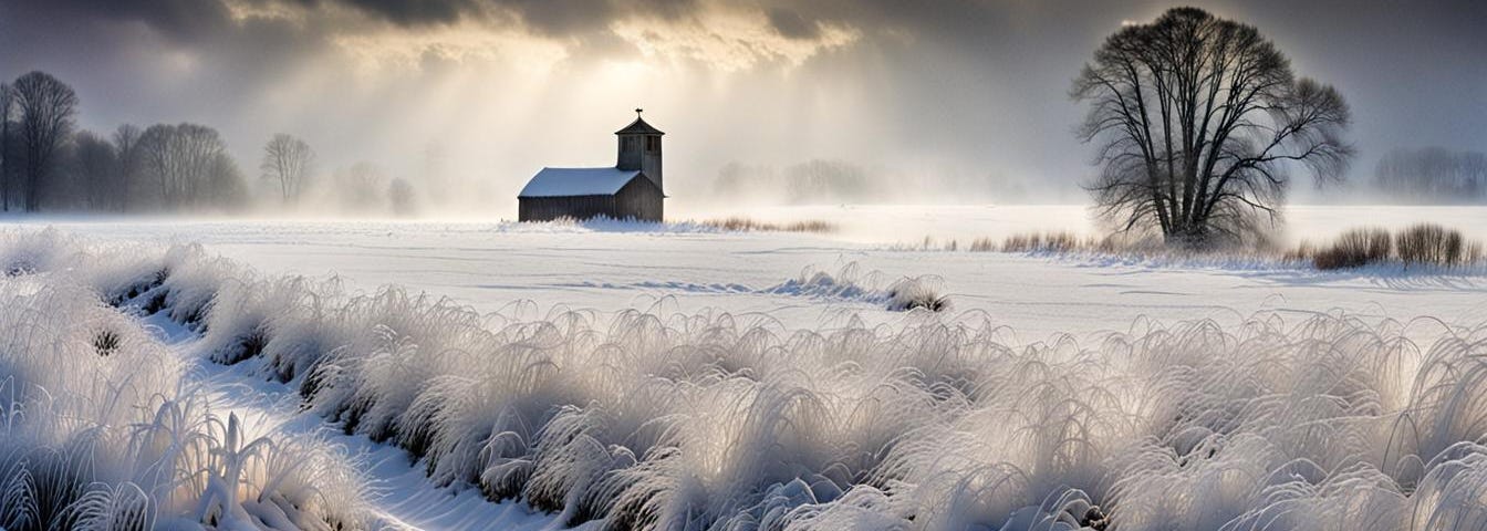 A Winter scene, with field and a church in distance