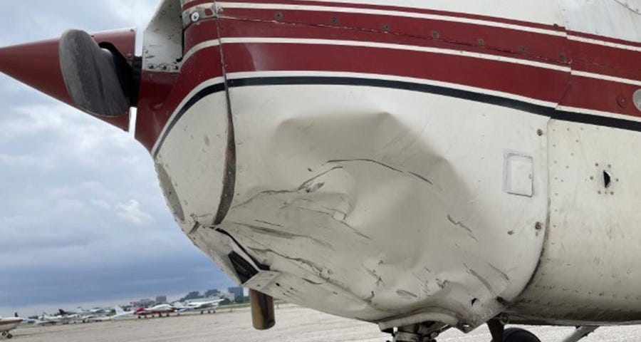 Photo of damage to an airplane caused by a drone.