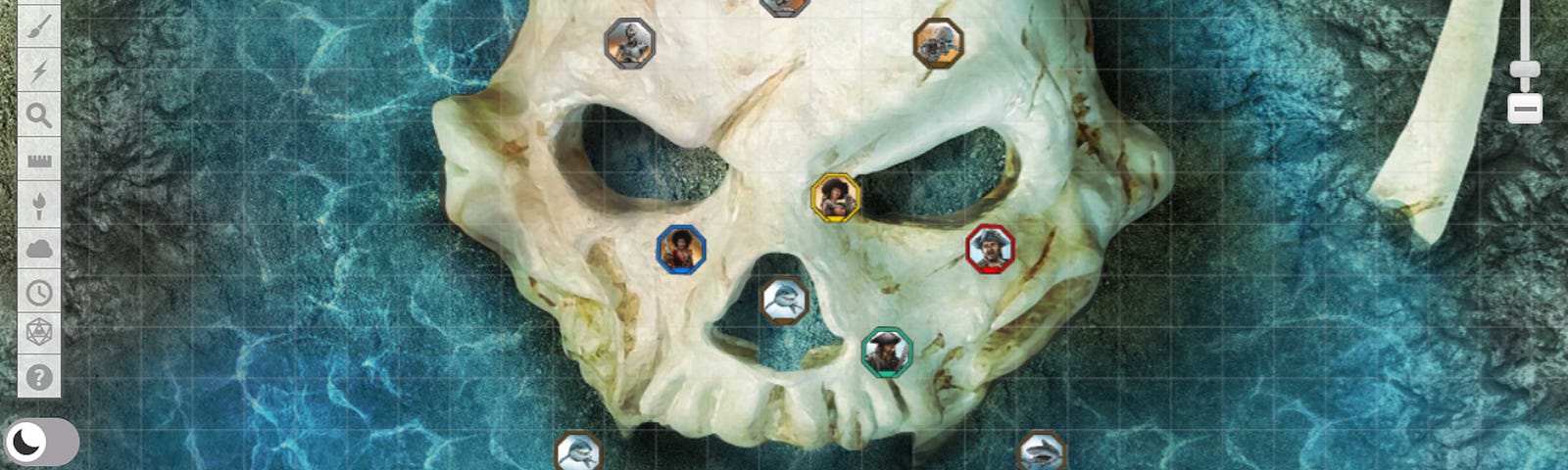 A skull in the middle of water on a Roll20 grid with tokens.
