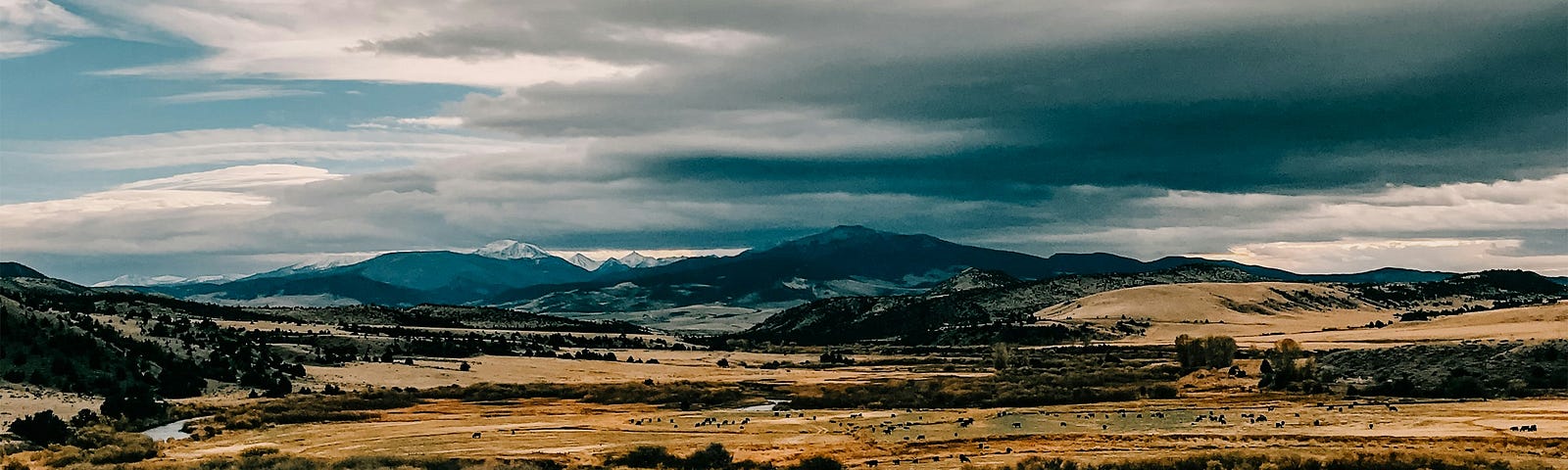 A panorama of Montana ranchlands showing a river winding throw pasture lands with snow-capped mountains in the background.